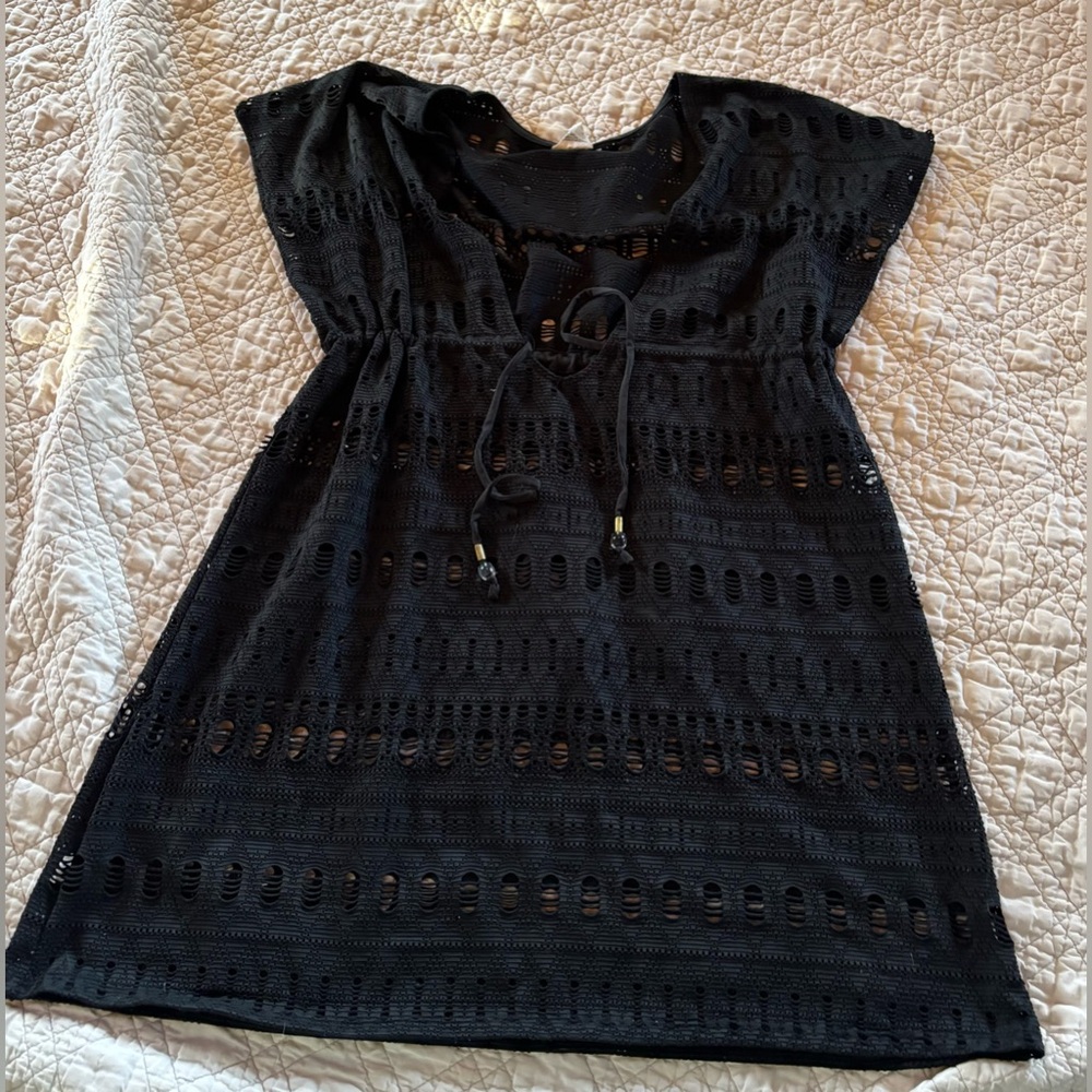 Wave Zone Black Swim Cover-up Crochet Mini Dress Cap Sleeve Tie High Waist Sz M